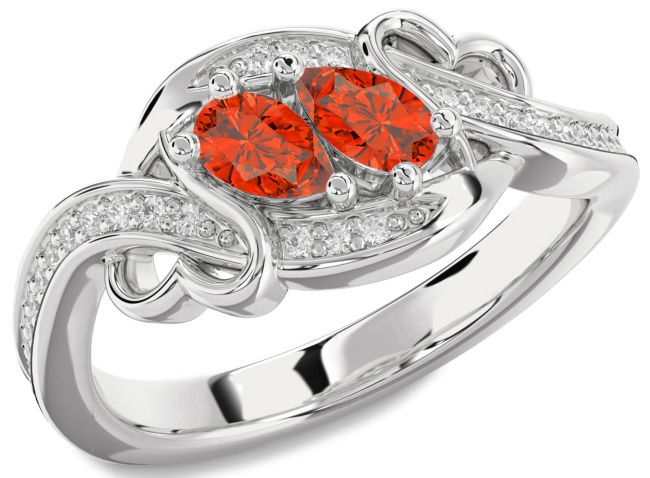 Diamond Fire Opal Silver Heart Two Stone Ring