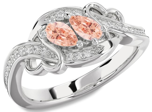 Diamond Morganite Silver Heart Two Stone Ring