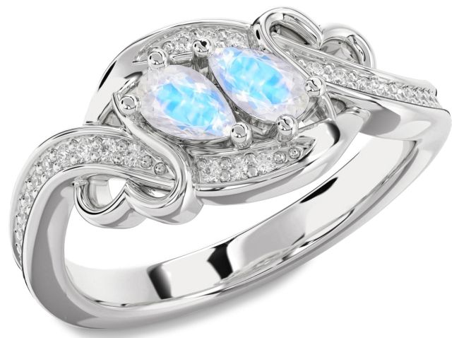 Diamond Moonstone Silver Heart Two Stone Ring