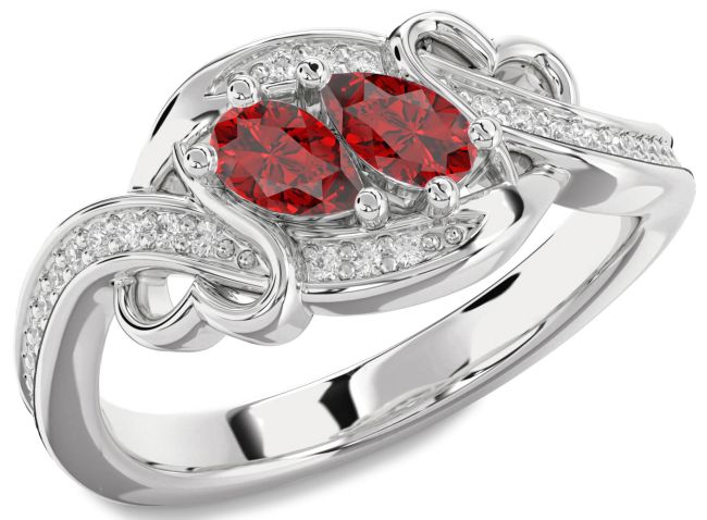 Diamond Ruby Silver Heart Two Stone Birthstone Ring