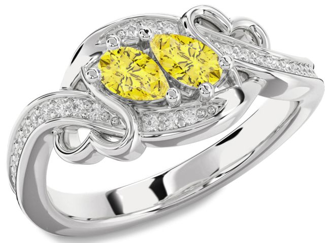 Yellow Diamond Silver Heart Two Stone Ring