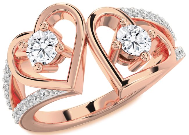 Diamond Rose Gold Silver Heart Two Stone Ring