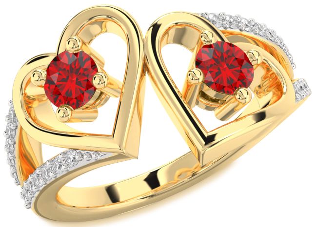 Diamond Ruby Gold Heart Two Stone Birthstone Ring