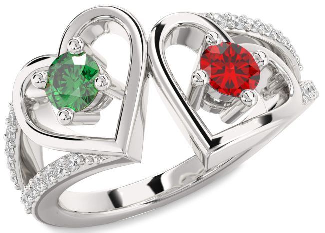Diamond Silver Heart Two Stone Promise Ring