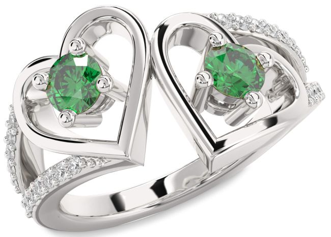 Diamond Emerald Silver Heart Two Stone Birthstone Ring