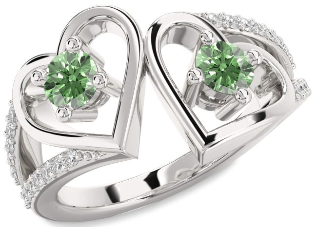 Green Diamond Silver Heart Two Stone Ring