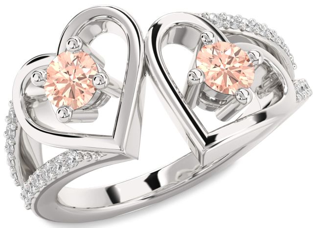 Diamond Morganite Silver Heart Two Stone Ring