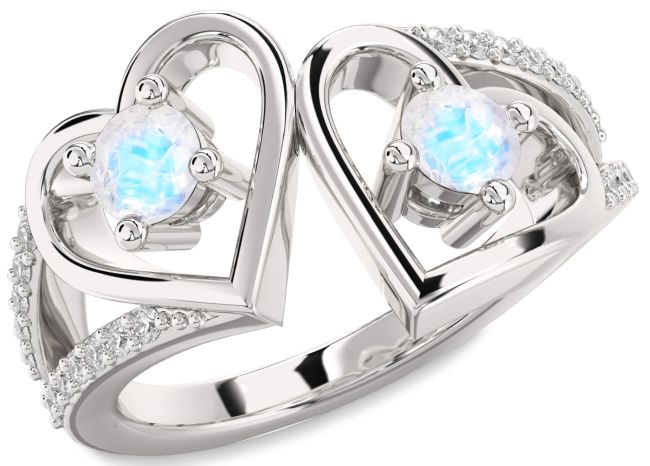 Diamond Moonstone Silver Heart Two Stone Ring