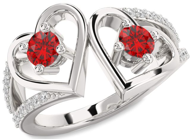Diamond Ruby Silver Heart Two Stone Birthstone Ring