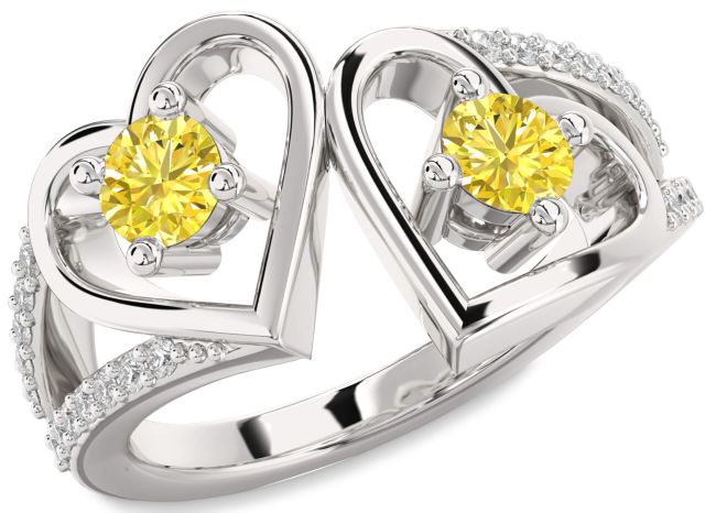 Yellow Diamond Silver Heart Two Stone Ring