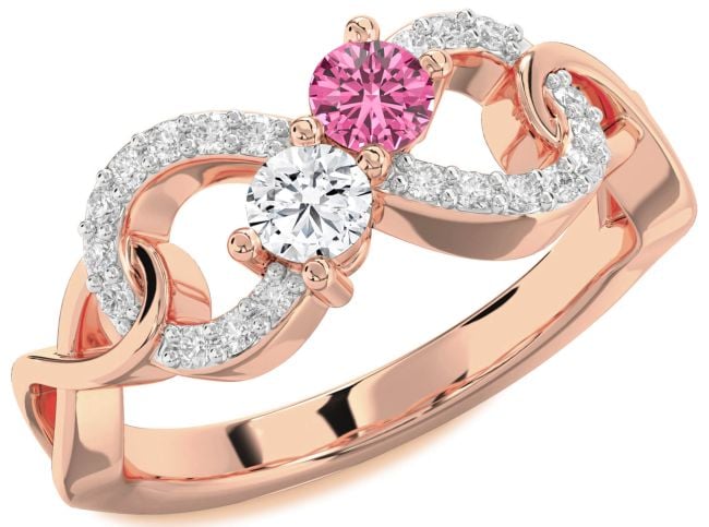 Diamond Rose Gold Silver Infinity Round Two Stone Promise Ring