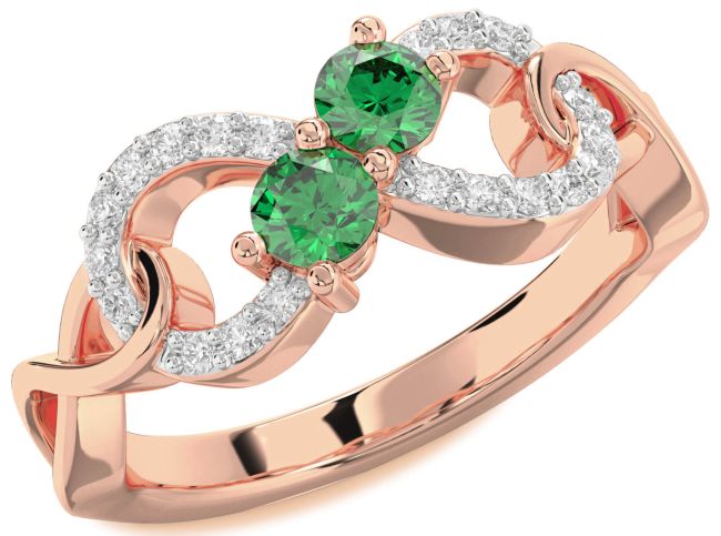 Diamond Emerald Rose Gold Infinity Round Two Stone Birthstone Ring