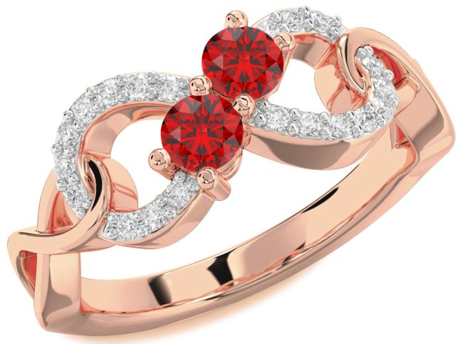 Diamond Ruby Rose Gold Infinity Round Two Stone Birthstone Ring