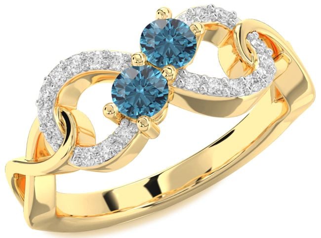 Blue Diamond Gold Silver Infinity Round Two Stone Ring