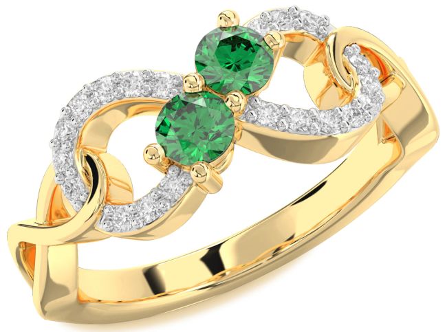 Diamond Emerald Gold Infinity Round Two Stone Birthstone Ring