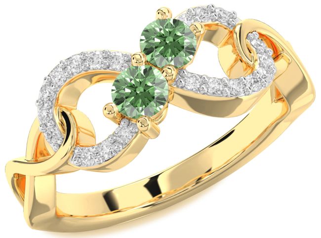 Green Diamond Gold Silver Infinity Round Two Stone Ring