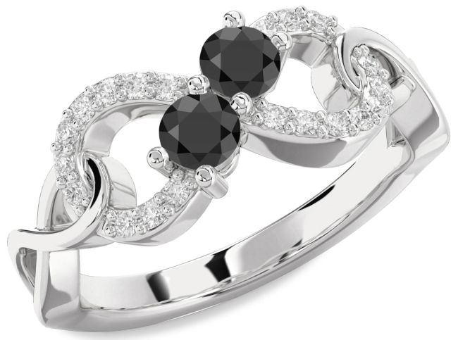 Diamond Black Onyx Silver Infinity Round Two Stone Ring