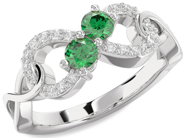 Diamond Emerald Silver Infinity Round Two Stone Birthstone Ring
