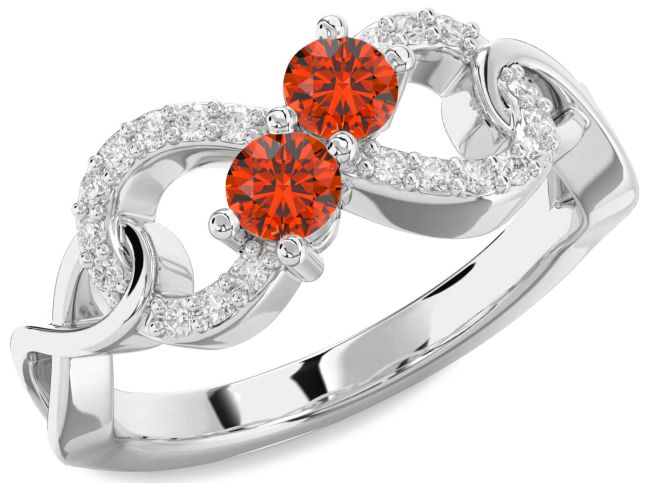 Diamond Fire Opal Silver Infinity Round Two Stone Ring