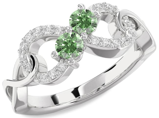 Green Diamond Platinum Infinity Round Two Stone Ring