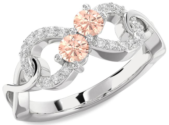 Diamond Morganite Silver Infinity Round Two Stone Ring