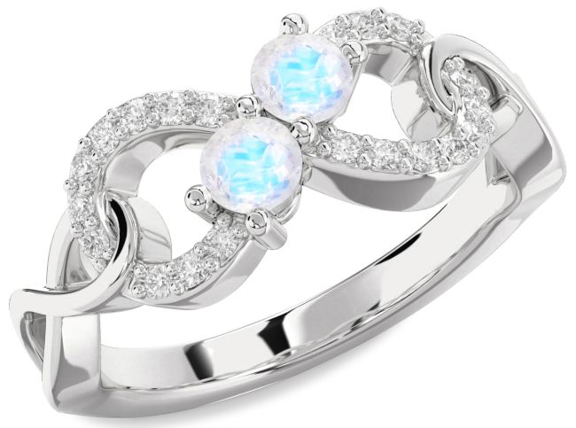 Diamond Moonstone Silver Infinity Round Two Stone Ring