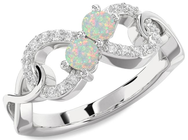 Diamond Opal Silver Infinity Round Two Stone Birthstone Ring