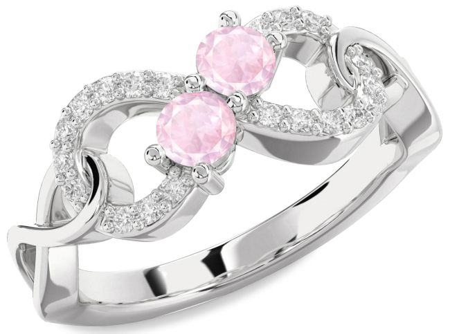 Diamond Rose Quartz Silver Infinity Round Two Stone Ring