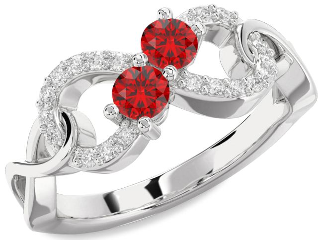Diamond Ruby Silver Infinity Round Two Stone Birthstone Ring