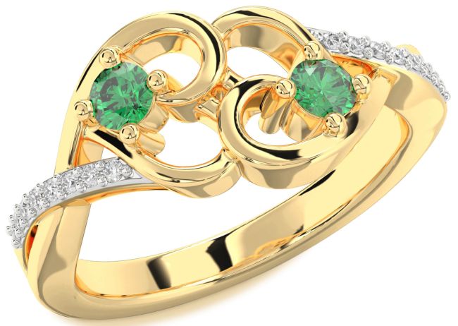Diamond Emerald Gold Heart Two Stone Birthstone Ring