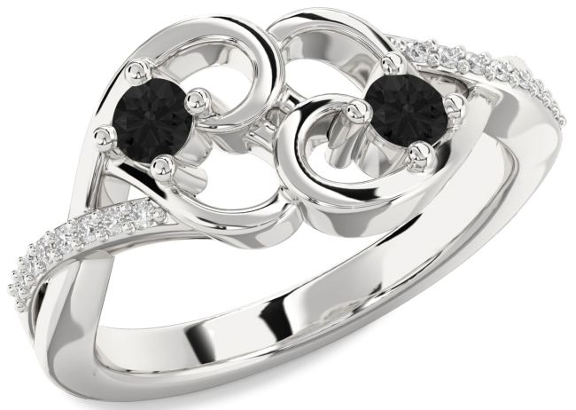 Black Diamond Platinum Heart Two Stone Ring