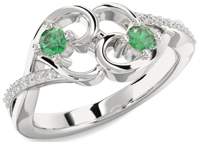 Diamond Emerald Silver Heart Two Stone Birthstone Ring