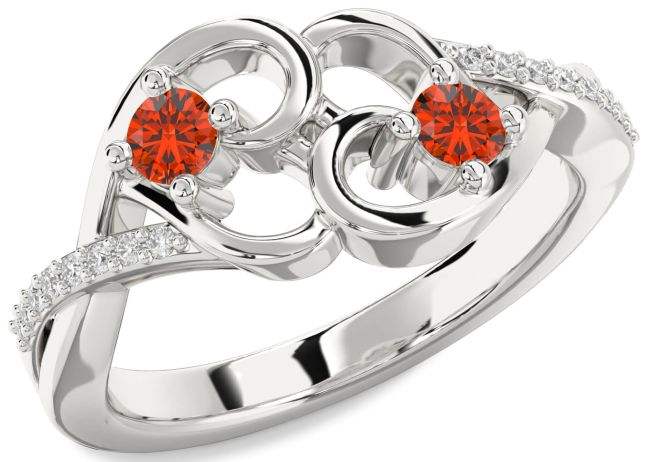Diamond Fire Opal Silver Heart Two Stone Ring
