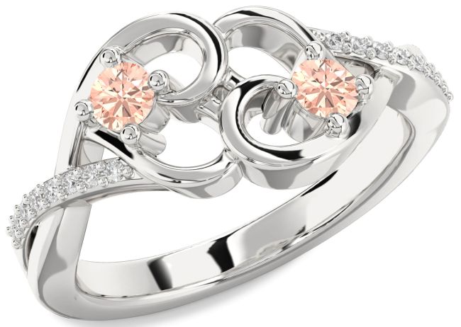 Diamond Morganite Silver Heart Two Stone Ring