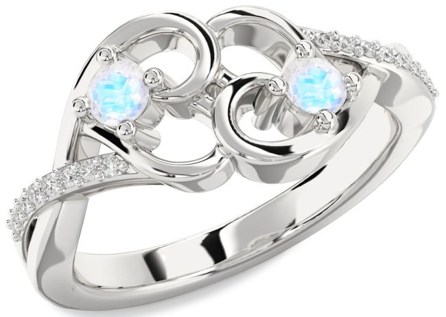 Diamond Moonstone Silver Heart Two Stone Ring