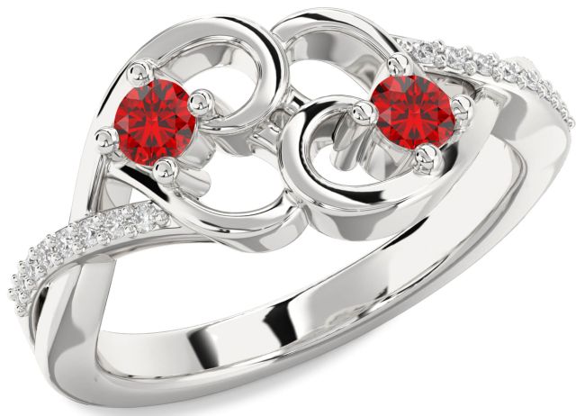Diamond Ruby Silver Heart Two Stone Birthstone Ring