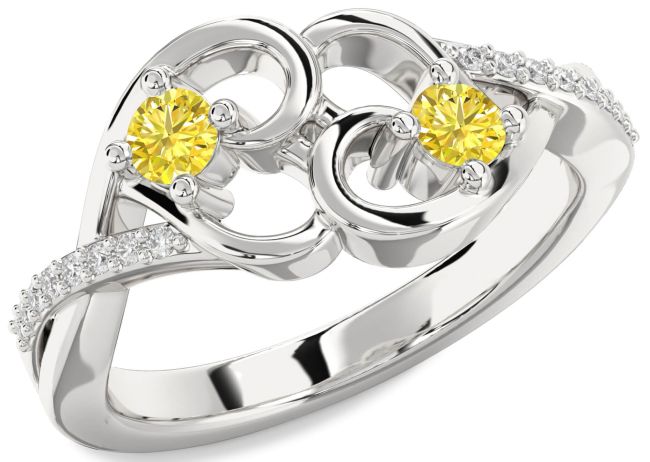 Yellow Diamond Silver Heart Two Stone Ring