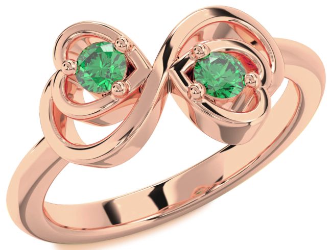 Emerald Rose Gold Infinity Heart Two Stone Birthstone Ring