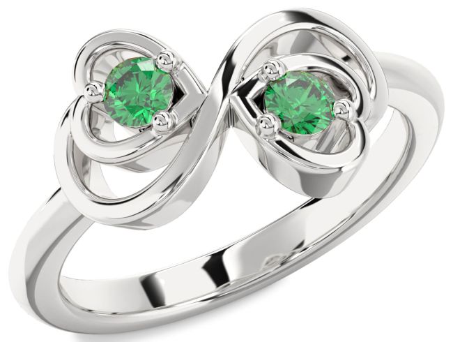 Emerald Silver Infinity Heart Two Stone Birthstone Ring