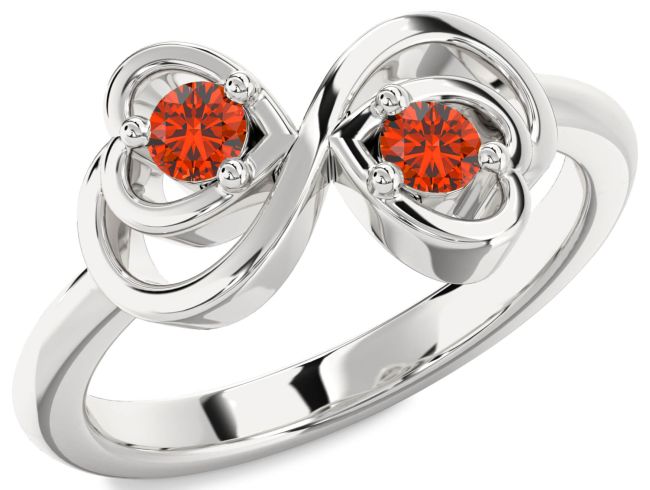 Fire Opal Silver Infinity Heart Two Stone Ring