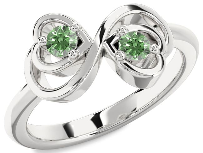 Green Diamond Silver Infinity Heart Two Stone Ring