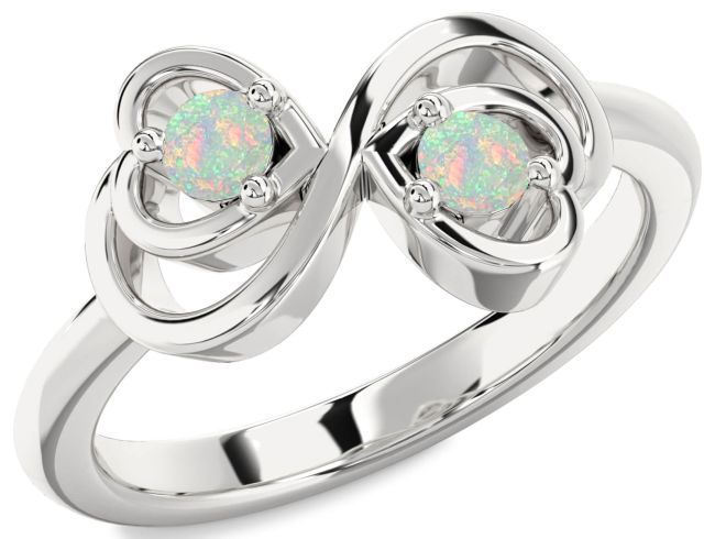 Opal Silver Infinity Heart Two Stone Birthstone Ring