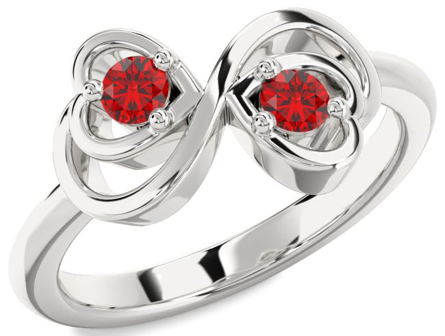 Ruby Silver Infinity Heart Two Stone Birthstone Ring