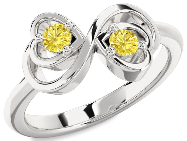 Yellow Diamond Silver Infinity Heart Two Stone Ring