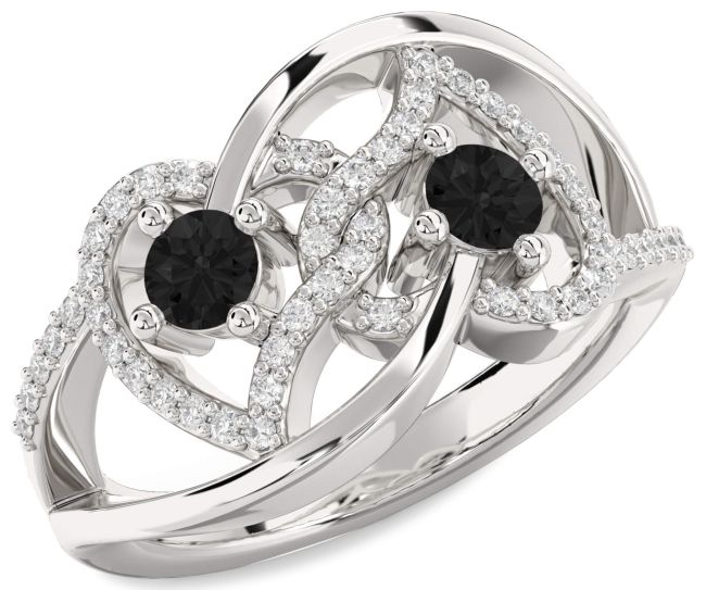 Black Diamond Silver Heart Two Stone Ring