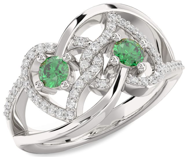 Diamond Emerald Silver Heart Two Stone Birthstone Ring