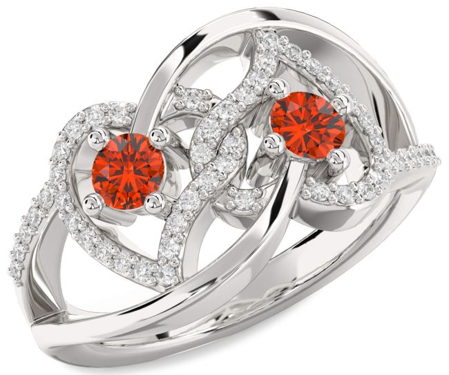Diamond Fire Opal Silver Heart Two Stone Ring