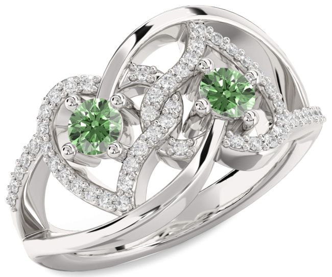 Green Diamond Silver Heart Two Stone Ring
