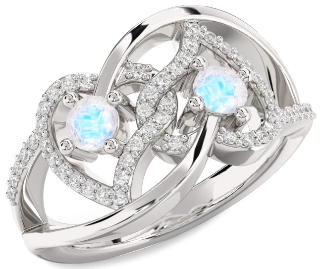 Diamond Moonstone Silver Heart Two Stone Ring