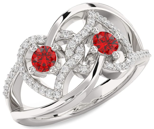 Diamond Ruby Silver Heart Two Stone Birthstone Ring